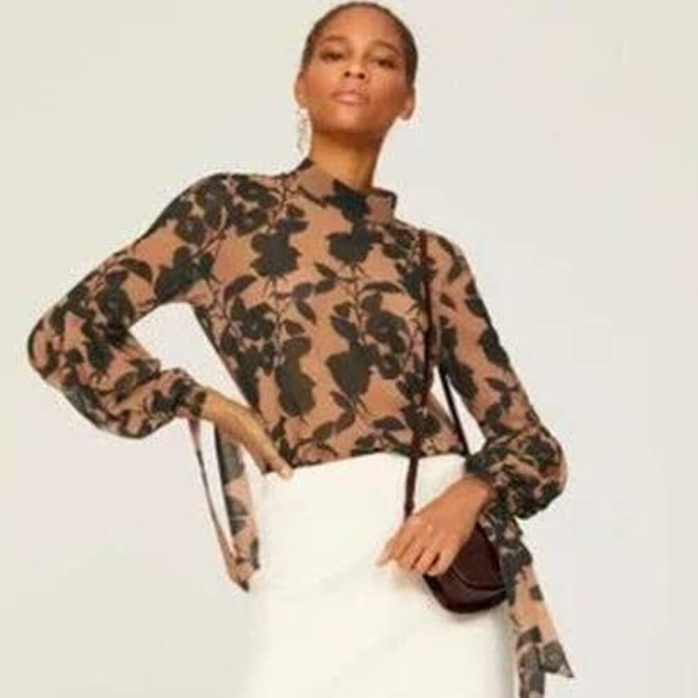 Hutch Myla Top Chiffon Blouse Taupe Floral Black Brown S